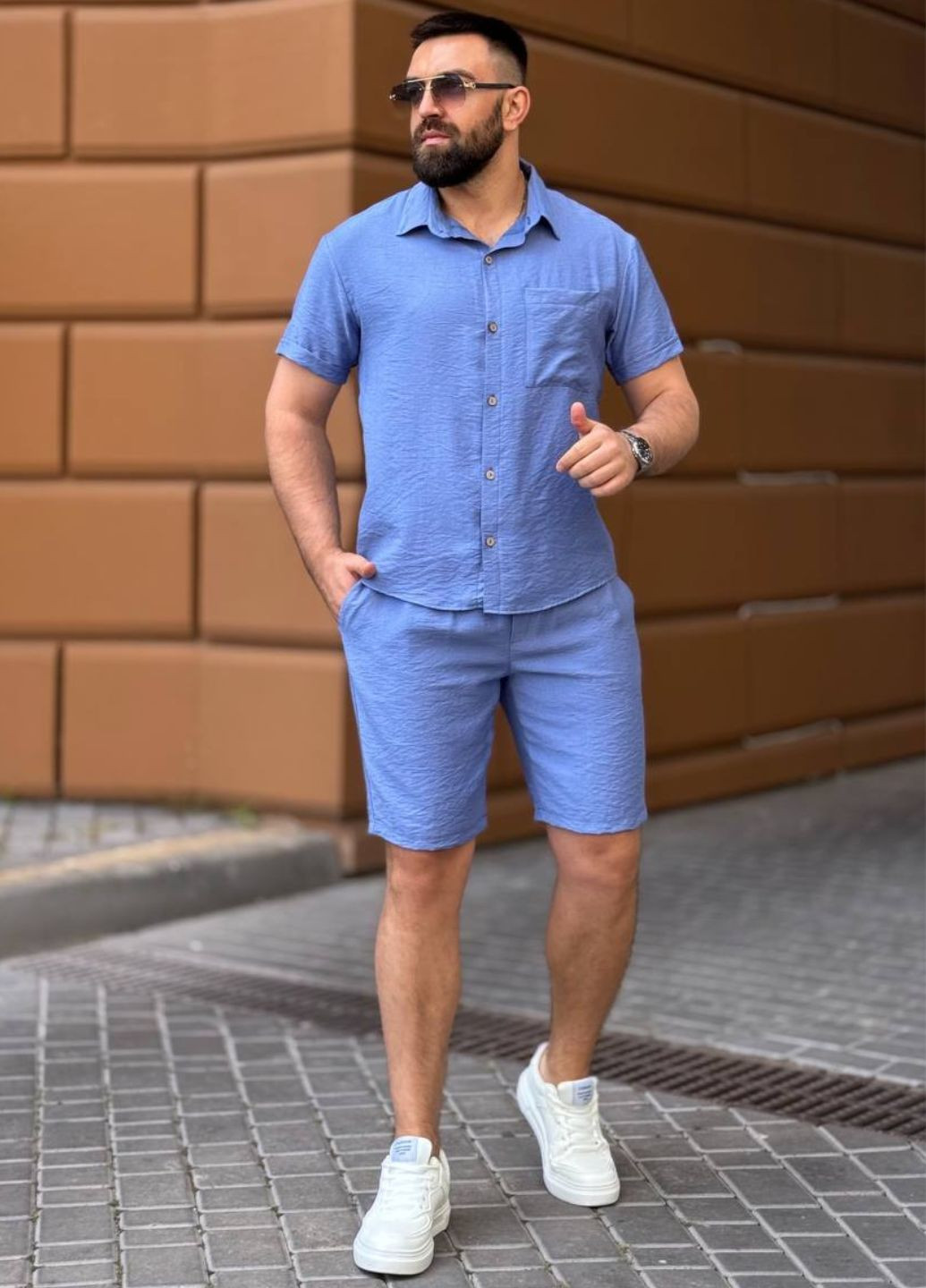 Блакитний літній базовий повсякденний легкий літній костюм двійка: сорочка + шорти з шортами Tik-Tak