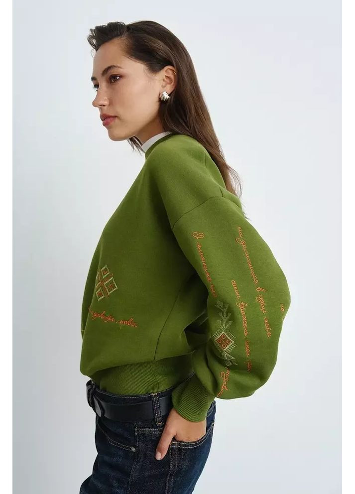Оливковий жіночий утеплений світшот з українськими орнаментами mkrm4288 Rica Mare (362575381)