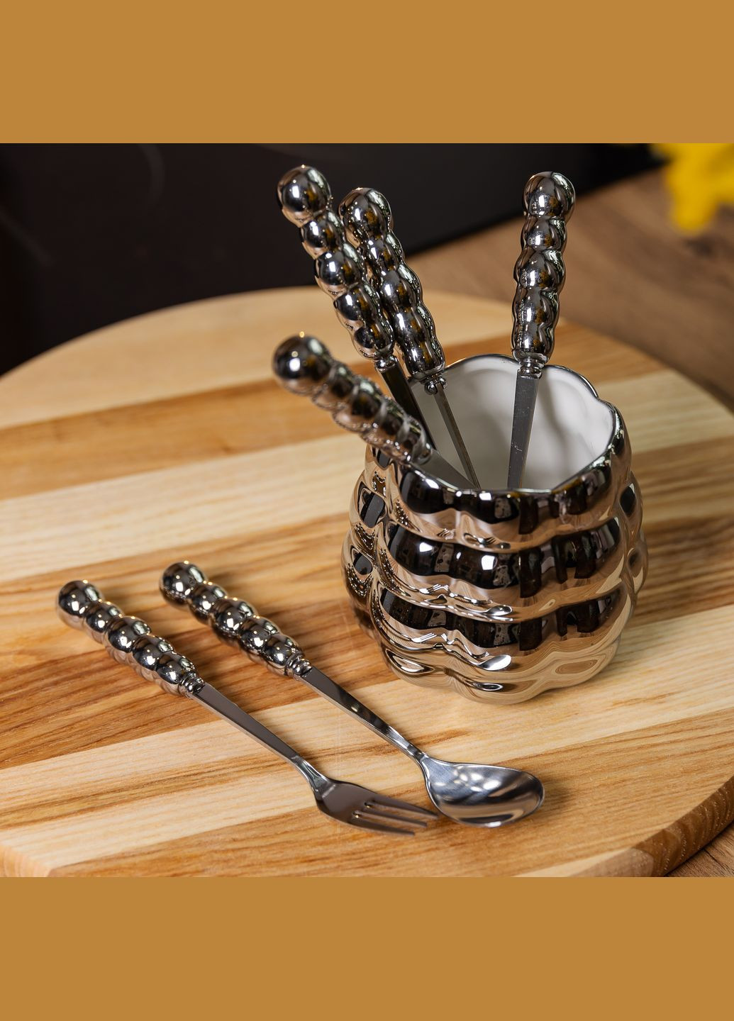 Набор десертных вилок и ложек с фарфоровой подставкой, серебристый Yiwu (361678287)