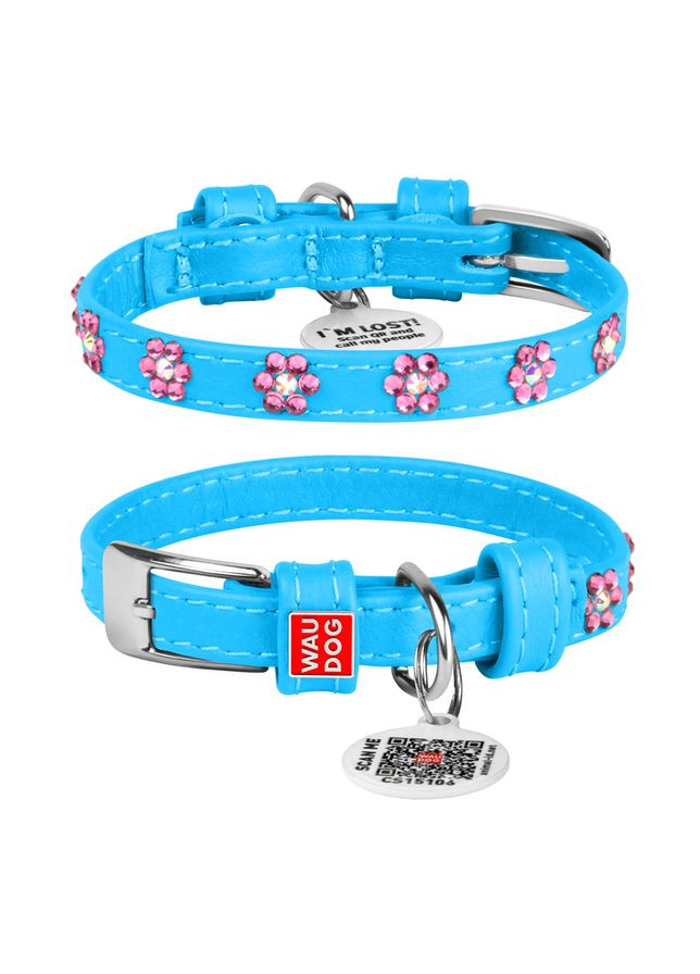 Нашийник для собак шкіряний Glamour з QR паспортом, з клейовими стразами "Квіти", Ш 9 мм, Дов 18-21 см блакитний WAUDOG (322002428)