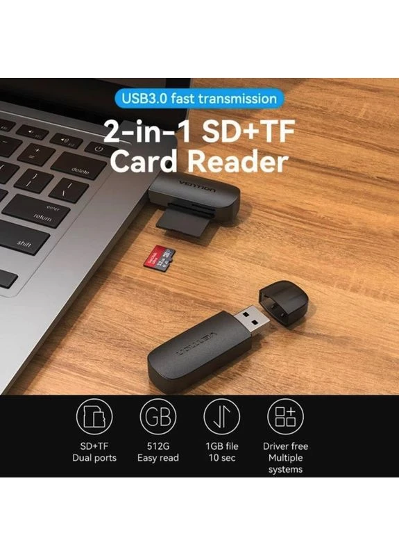 Картрідер 2-in-1 USB 3.0 A Card Reader(SD+TF) Black Dual Drive Letter () () Vention CLGB0 (361347448)