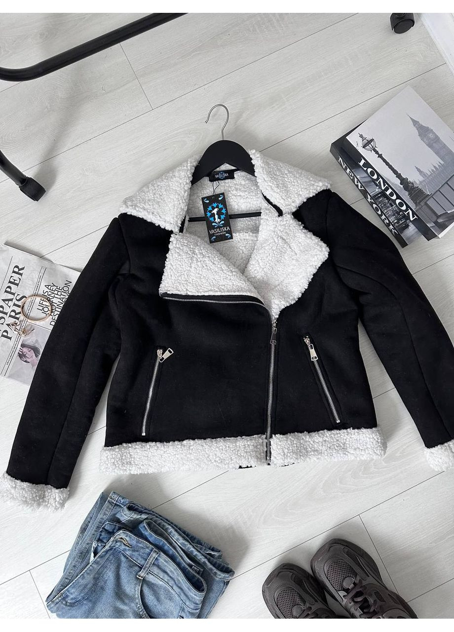 Черная демисезонная дубленка женская бежевая 00414 No Brand