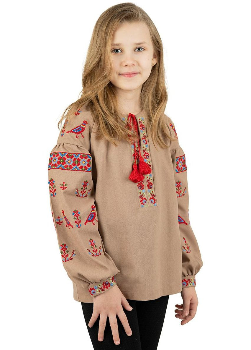 Кофейная вышиванка для девочки кофейный лен с птичками. Україна лен (313104673)