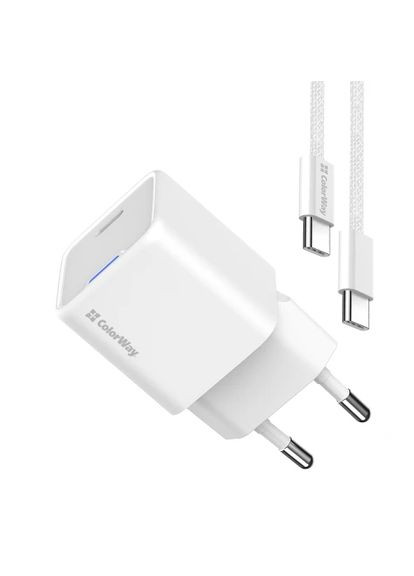 Мережевий зарядний пристрій, White, 25 Вт, GaN, 1xType-C (PD3.0), Auto ID, кабель Type-C - Type-C (CW-CHS052PDC-WT) Colorway (370621177)