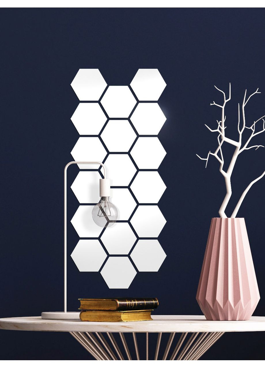 Наклейки дзеркальні акрилові настінні для декору самоклейні Соти-127 12.7х11 см 18 шт. Білий Ваша Світлість (366334657)