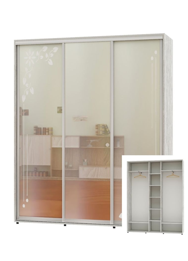 Шафа-купе тридверна 200*45*250 Сосна Натті 2 Дзеркала з піскострумним малюнком/Дзеркало ШК-04 Алекса (360440026)