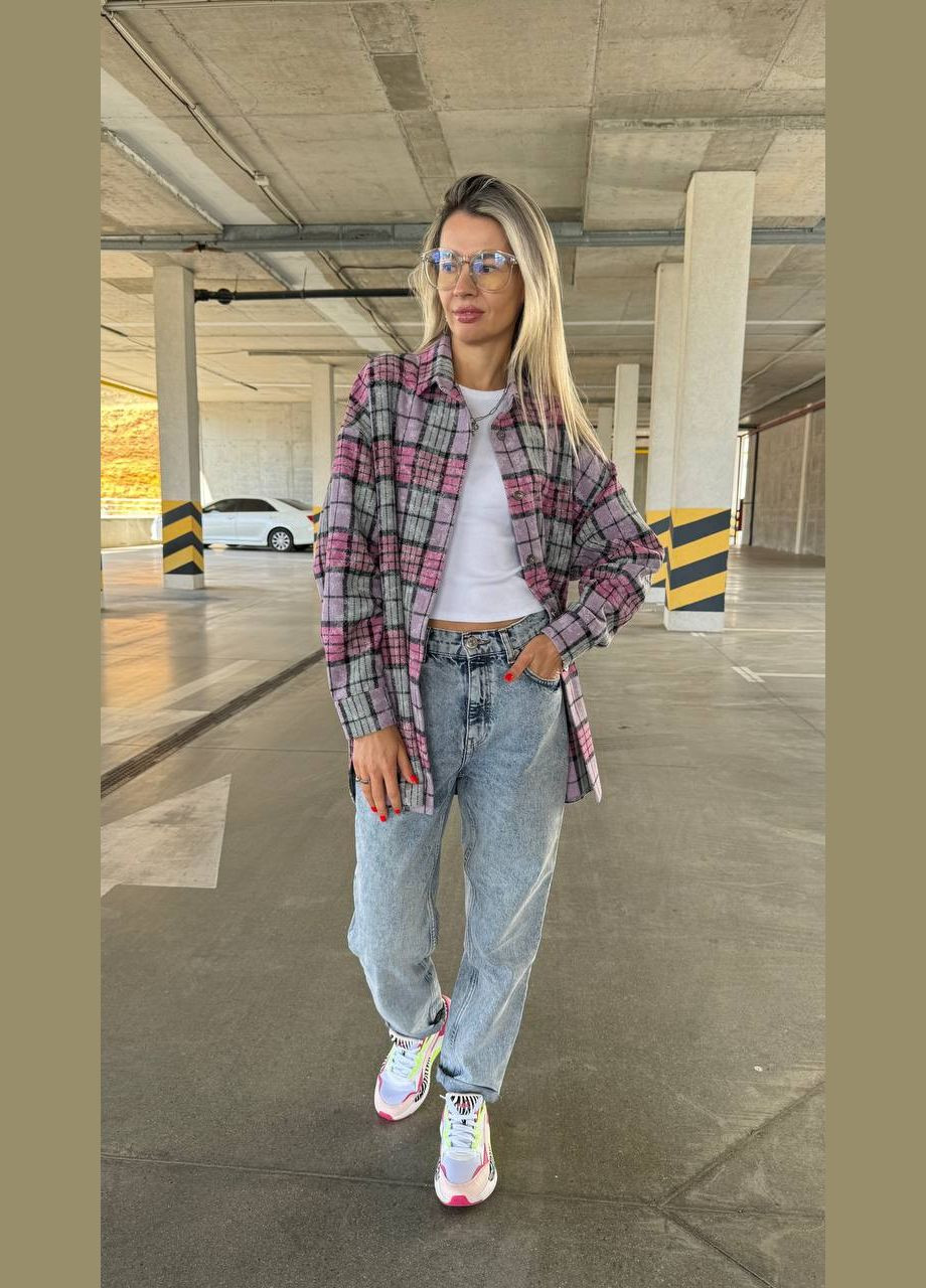 Фиолетовая спортивная, домашний, повседневный, кэжуал, джинсовая рубашка в клетку No Brand с длинным рукавом