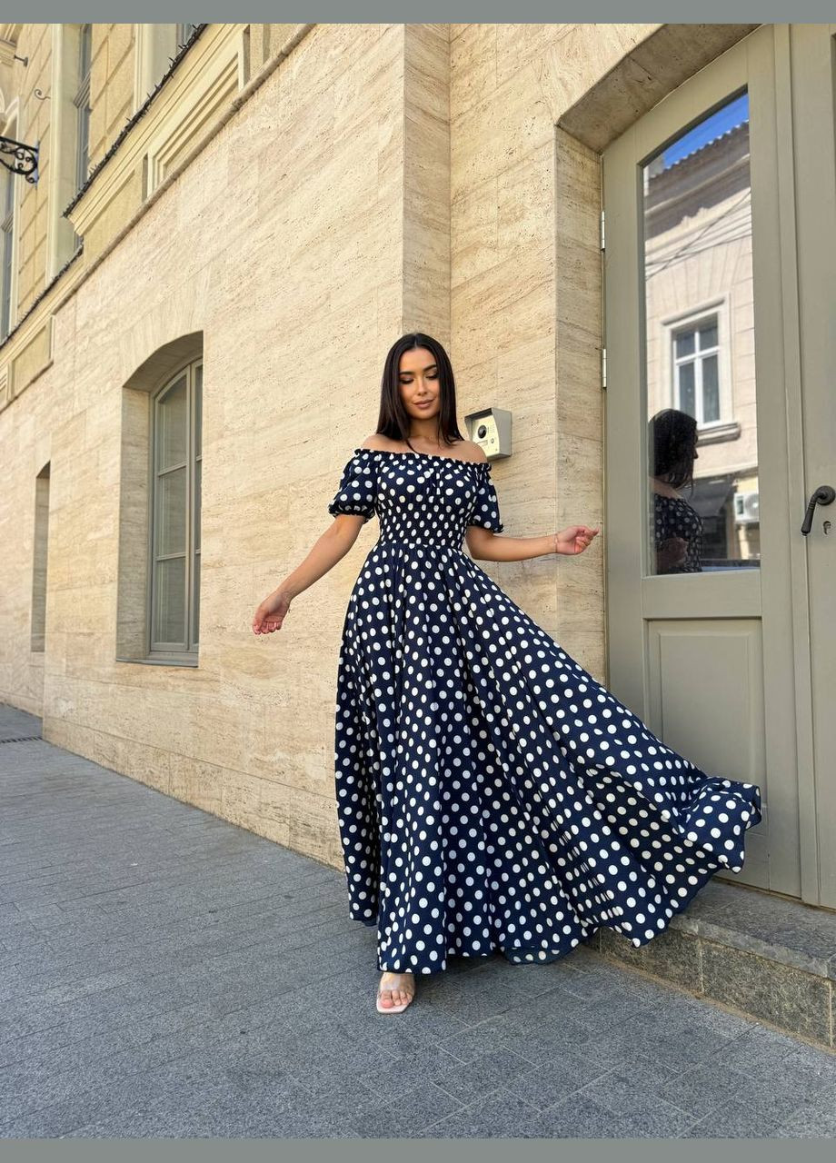 Темно-синя повсякденний, вечірня, кежуал жіноча сукня з відкритими плечима Style Point з квітковим принтом