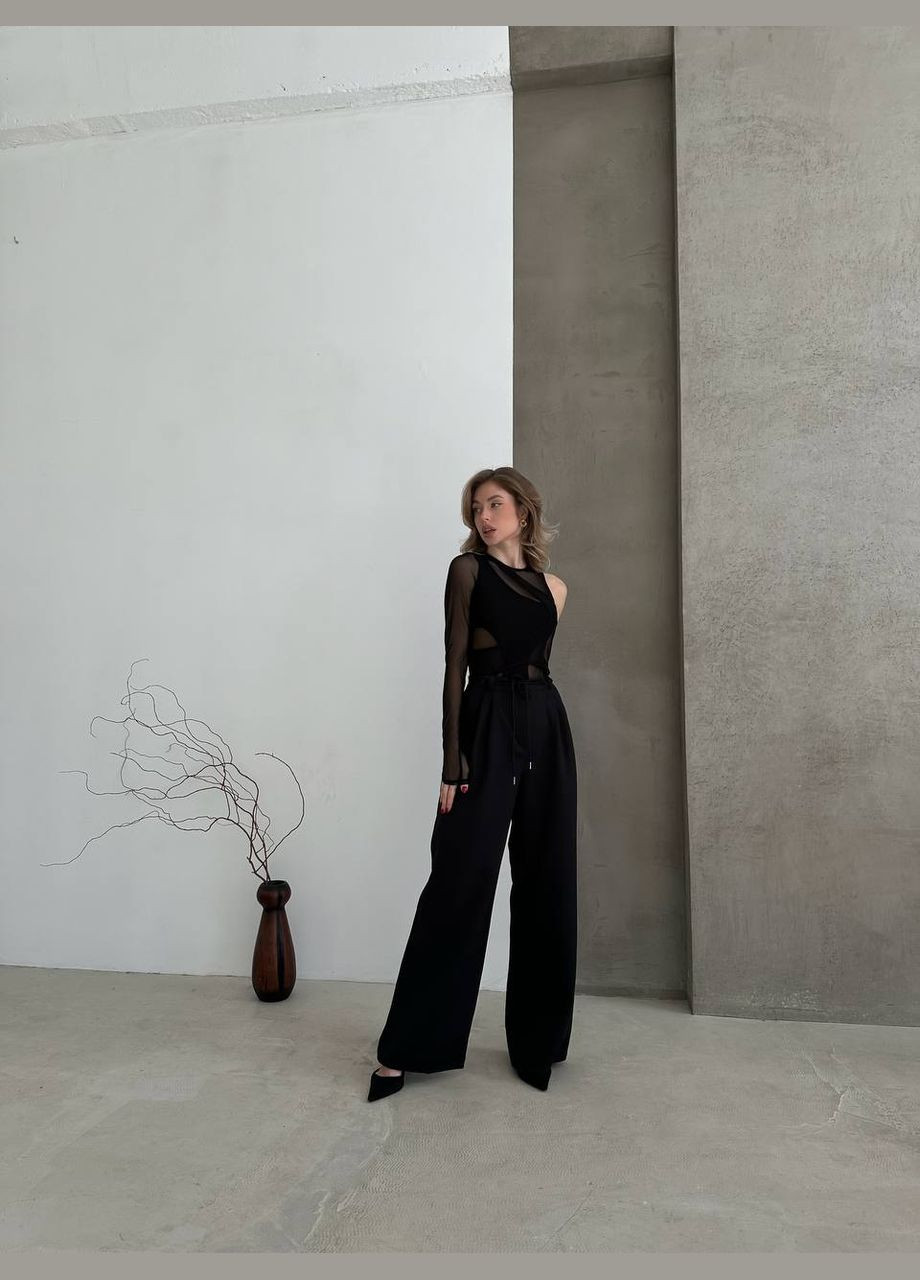 Стильні прямі штани "палаццо" з якісної костюмки вільного крою,чорні широкі штани на шнурівці та високій посадці No Brand 236-1 (282742498)