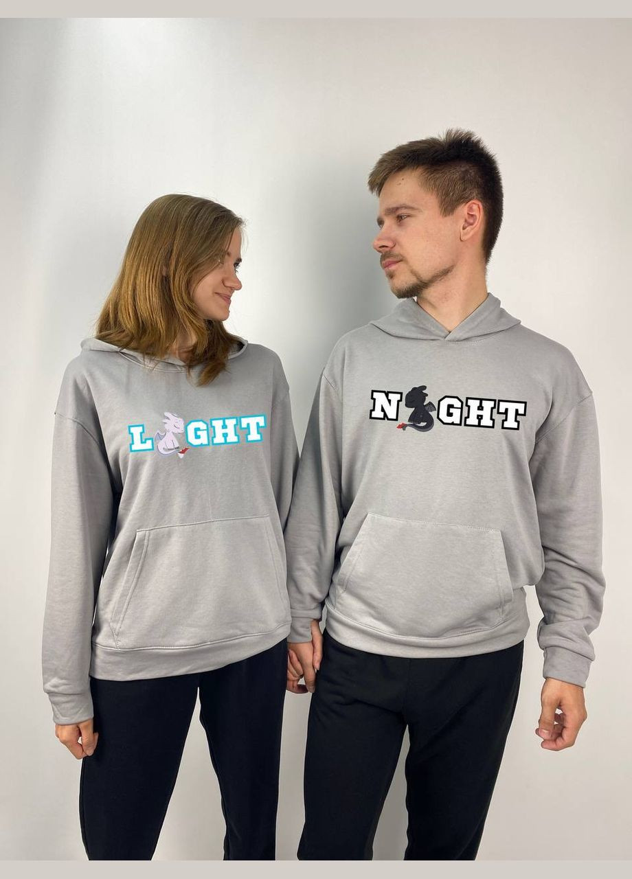 Парні худі з капюшоном без флісу, в сірому кольорі, принт "Night/Light" (536) Hand Made (358897498)