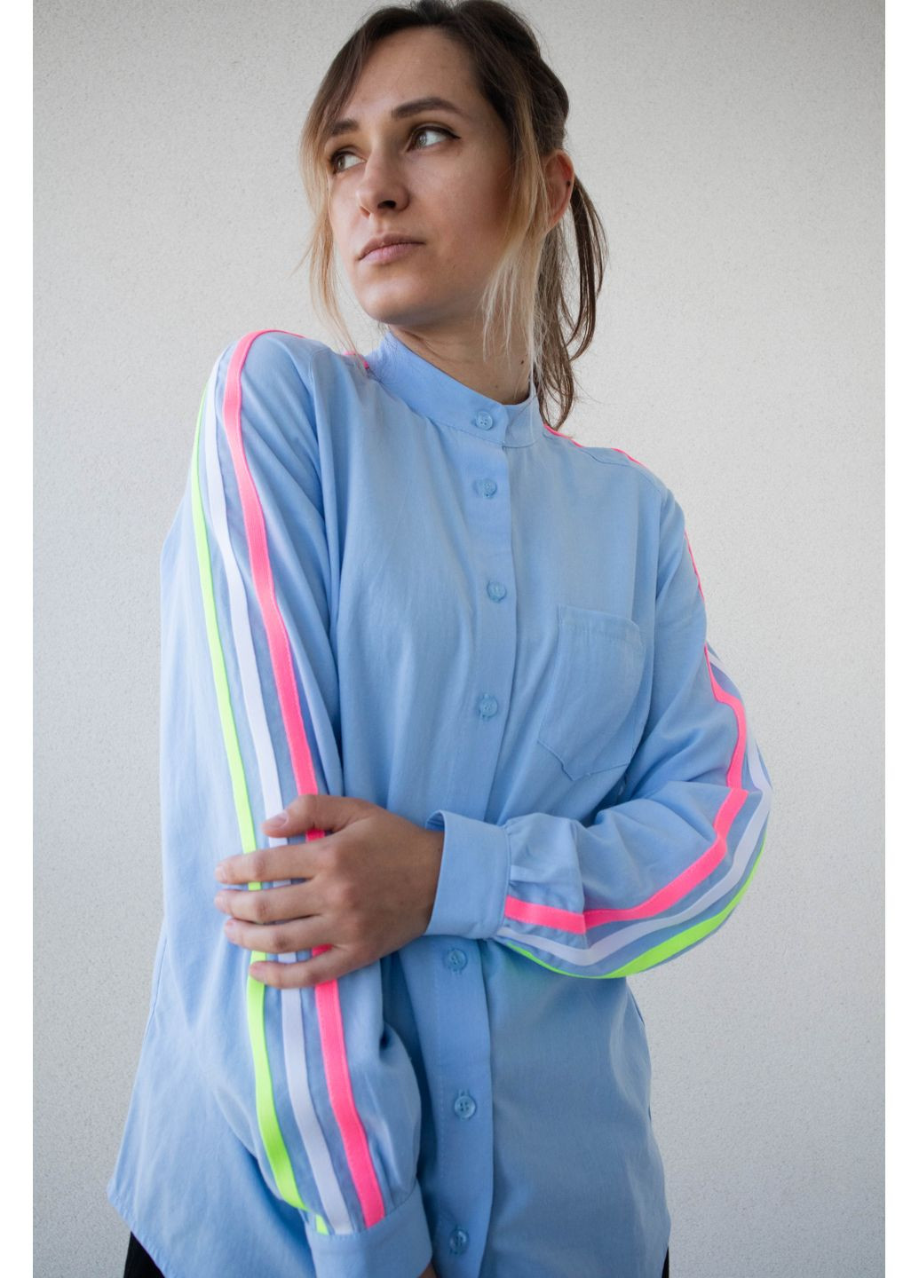 Голубой спортивная, повседневный, кэжуал рубашка однотонная No Brand с длинным рукавом