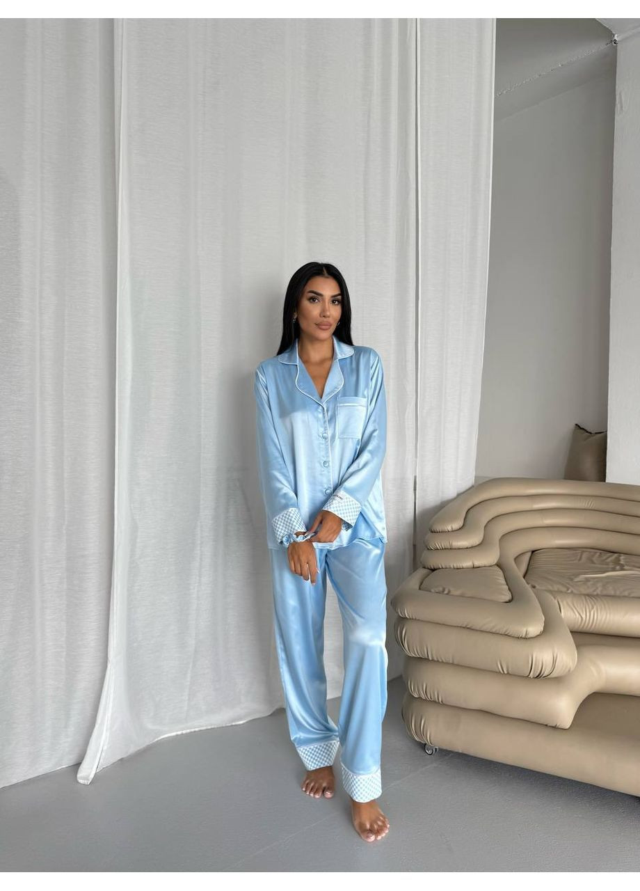 Блакитна всесезон жіноча піжама у блакитному кольорі сорочка + брюки No Brand