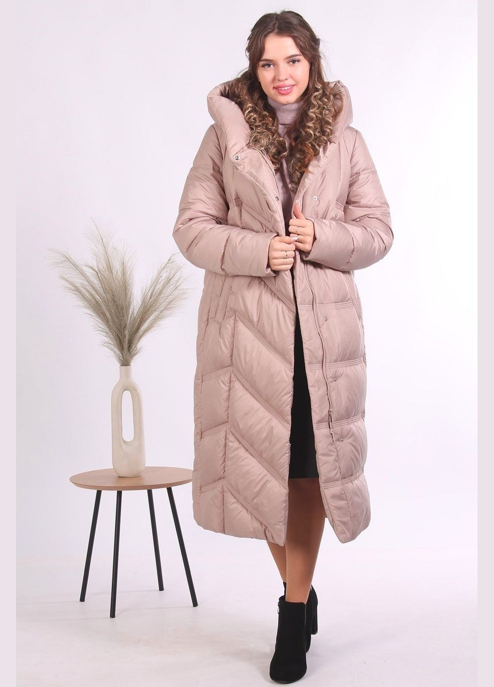 Плащ зимовий міді жіночий 918 плащівка бежевий Актуаль на блискавці (316190440)