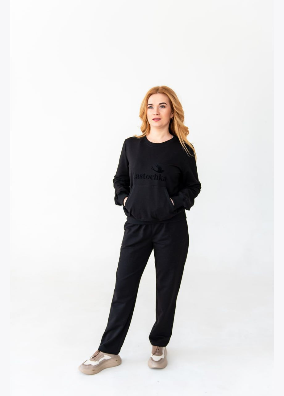 Черное спортивное женское худи оверсайз с черной надписью с рисунком с карманом-кенгуру с длинными рукавами без капюшона No Brand (314838717)