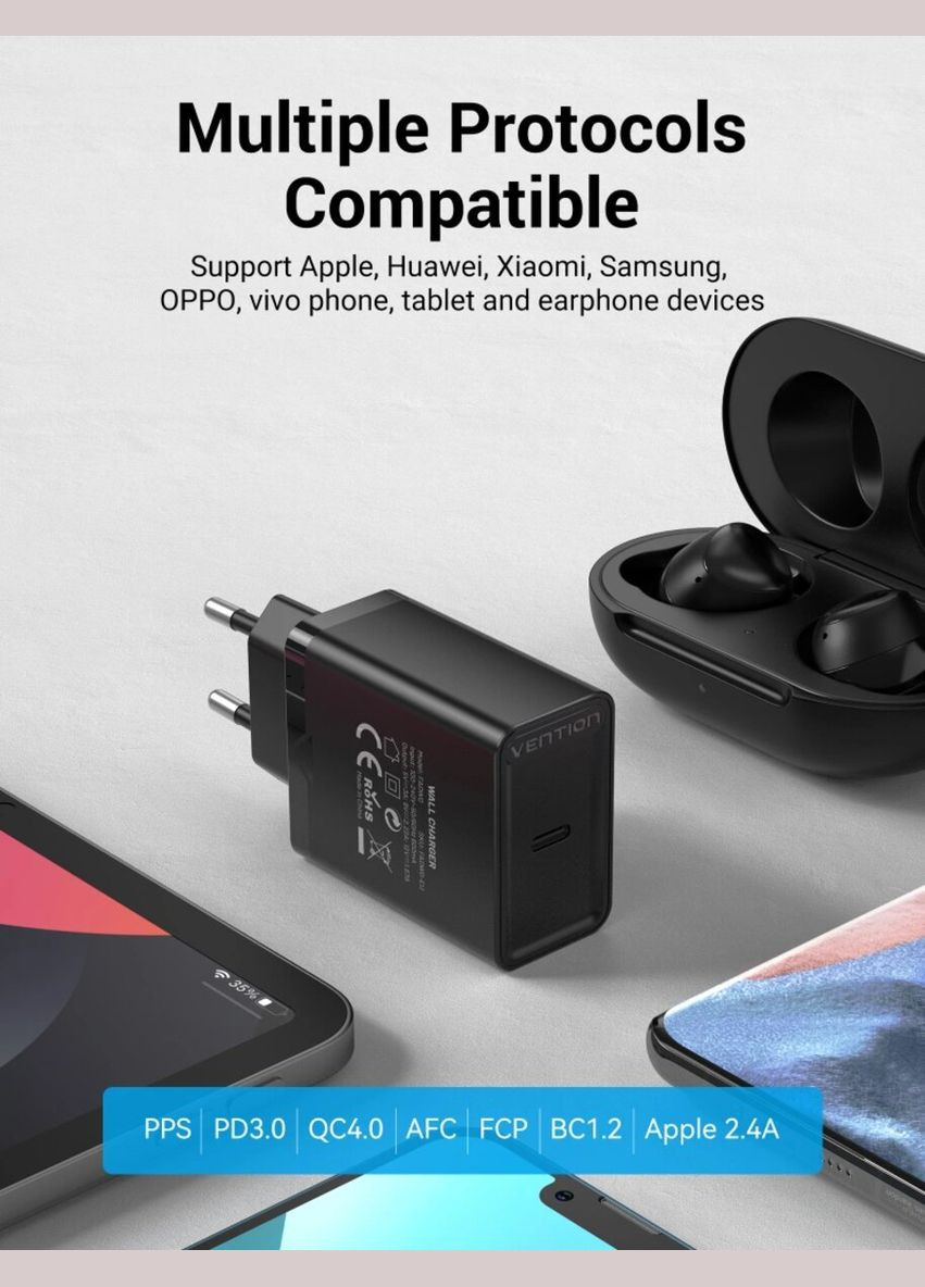 Сетевое зарядное устройство 1-port USB-C Wall Charger(20W) EU-Plug Black (FADB0-EU) Vention 1-port USB-C (20W) (340277786)