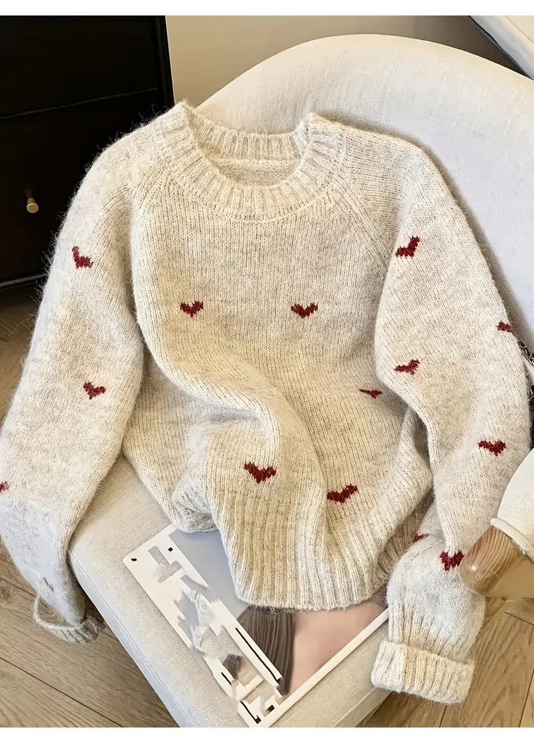 Бежевый женский свитер осень - зима в сердечках-хl VES