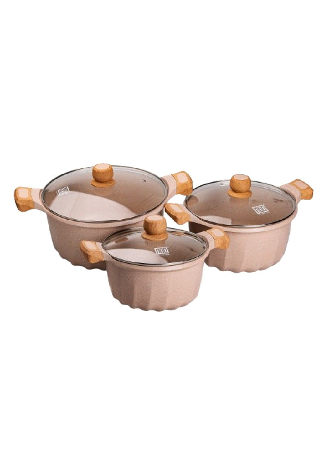 Набір із 3 алюмінієвих великих каструль 11.8, 8.2, 5.3 л зі скляними кришками, бежевий MGC (340907778)