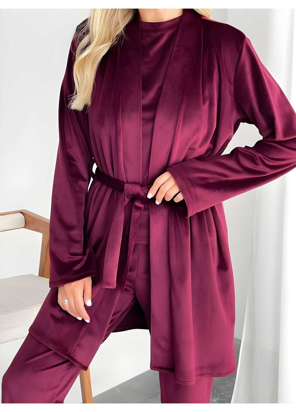 Бордова зимня жіноча велюрова домашня піжама піжамний комплект трійка зі штанами лавандовий бузковий Україна