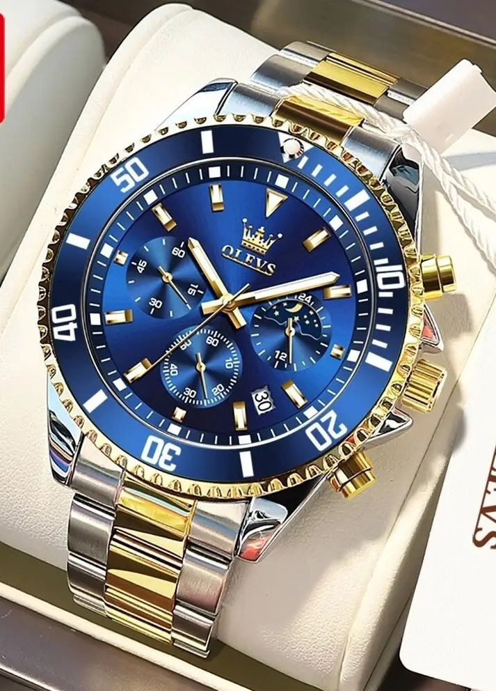 2870 мужские часы с хронографом – премиум аксессуар в сине-золотом дизайне Olevs (354820478)