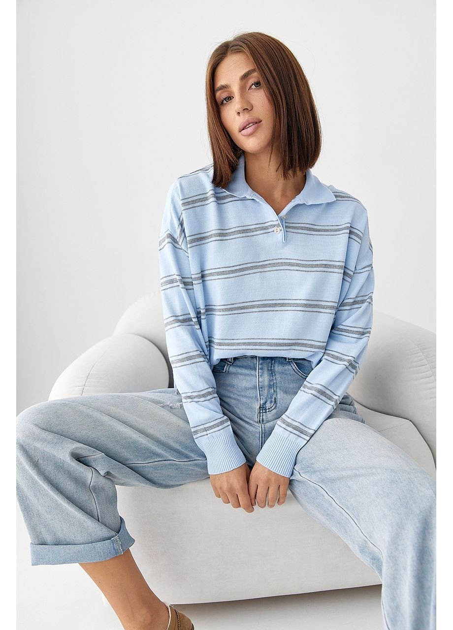 Блакитний демісезонний в'язаний смугастий светр-поло - пудра колір Lurex