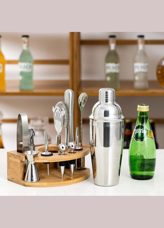 Набір для бару BAR для приготування коктейлів з дерев'яною підставкою 750 мл 12 предметів Сріблястий (C051212) B.A.R. (349843708)