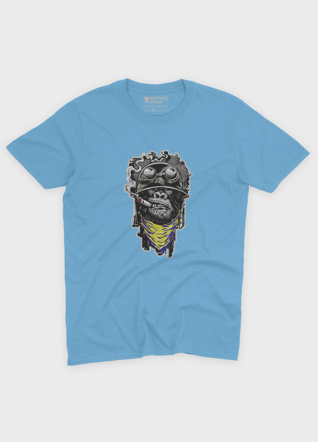 Голубая летняя мужская футболка с патриотическим принтом горилла (ts001-4-lbl-005-1-105-f) Modno