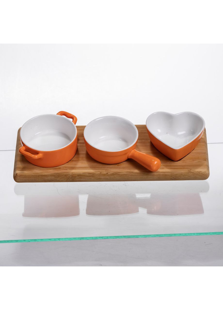 Набір порцелянових менажниц 3 шт помаранчевий на бамбуковій підставці для соусів закусок сервірування контейнери Yiwu (370432874)