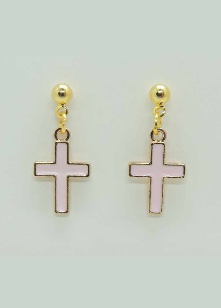 Сережки сережкигвоздики (пусети) Рожеві хрестики емаль 2.3 см золотисті Liresmina Jewelry (285110963)