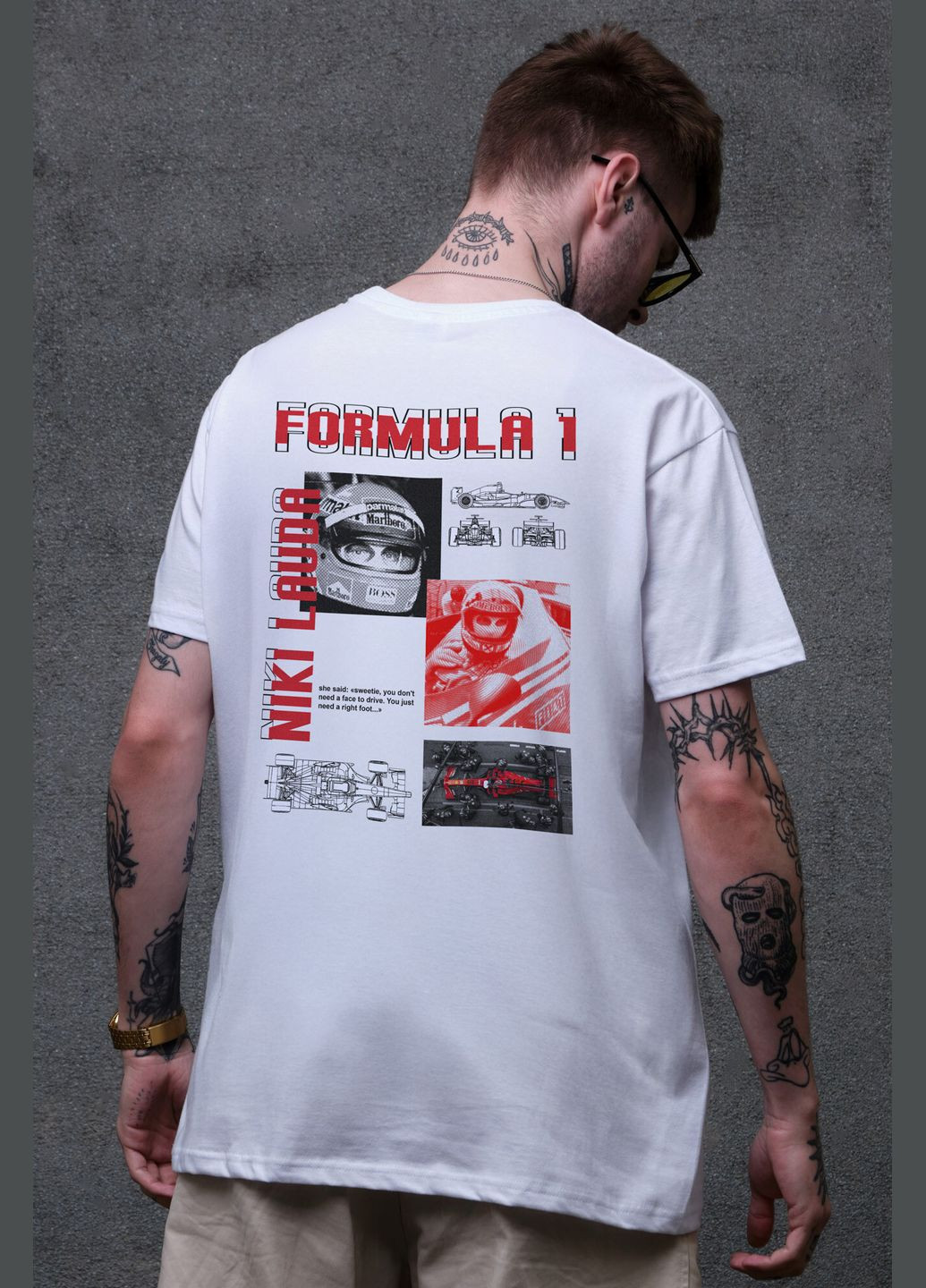 Белая мужская оверсайз футболка с принтом lauda white Without