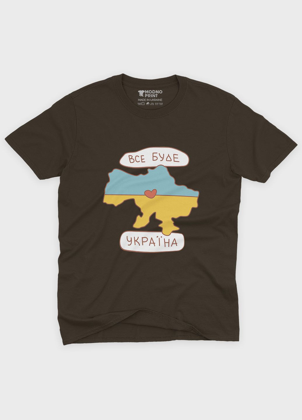 Коричневая летняя женская футболка с патриотическим принтом все будет украина (ts001-5-dch-005-1-134-f) Modno