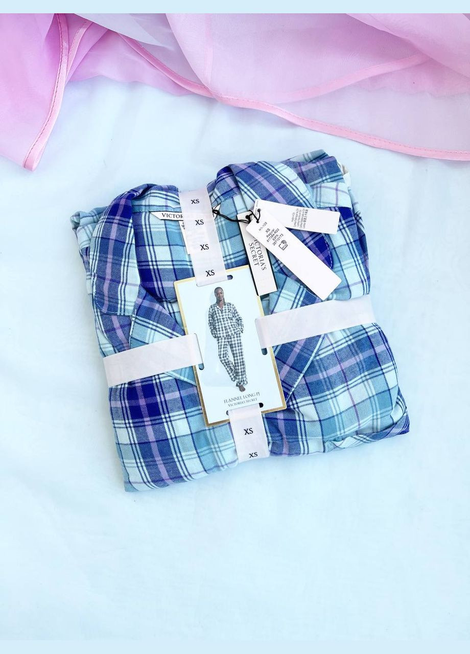 Блакитна всесезон піжама жіноча фланелева flannel long pajama set блакитно-білий сорочка + брюки Victoria's Secret