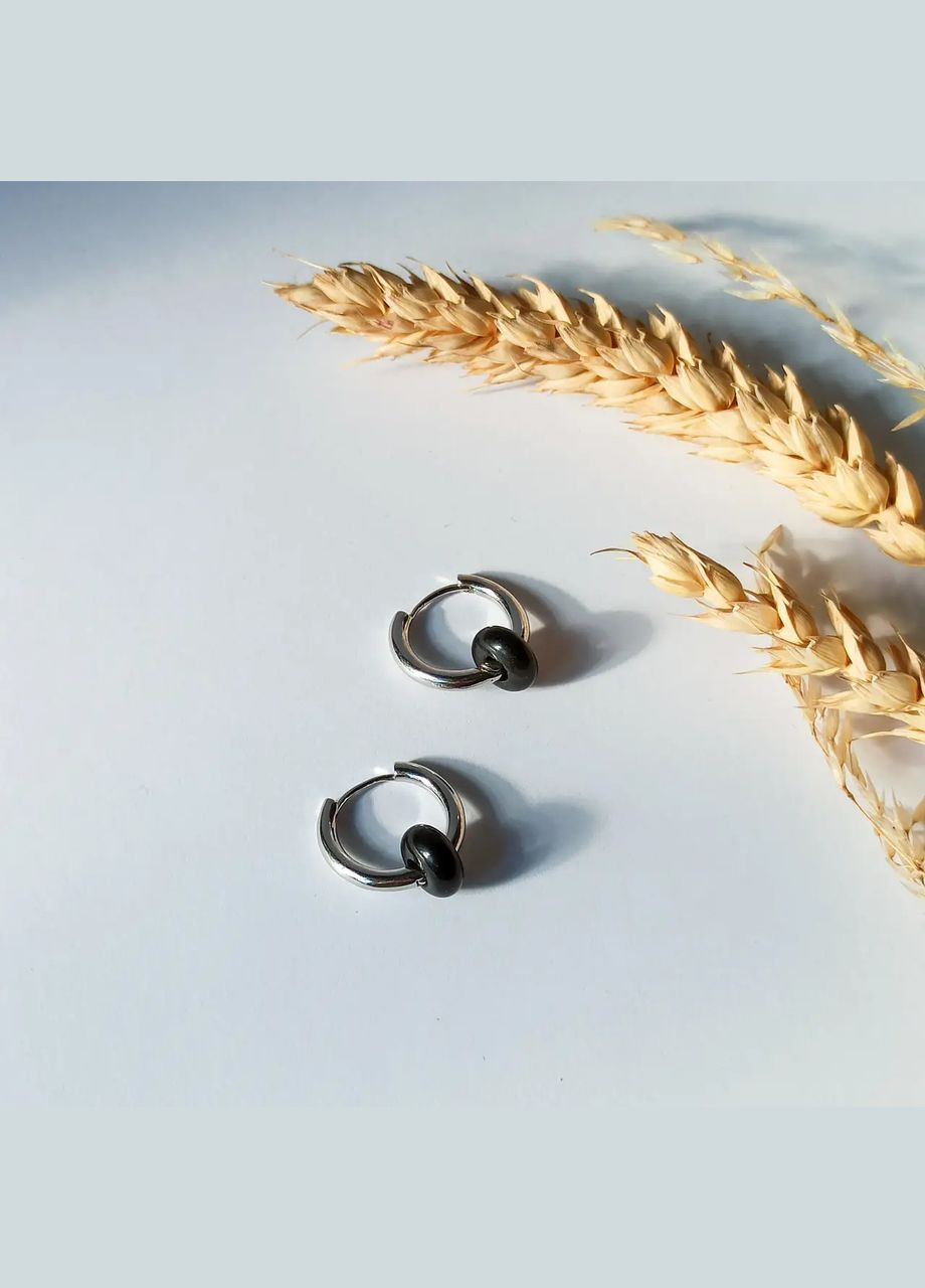 Серьги бусины из натурального камня черный Агат, швенза бублик Родий 21х19мм No Brand сережки (300533070)