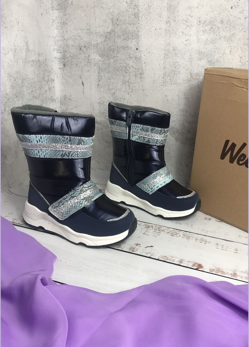 Темно-синие сапоги детские дутики на девочку темно-синий (428) Weestep на молнии