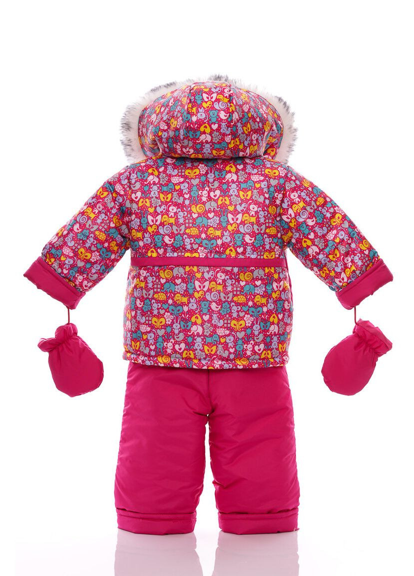 Рожевий зимній комбінезон на синтепоні для дівчинки з принтом тварин нуль підстібка білий з чорним хутро малинове 86 см (51509) BABYKROHA