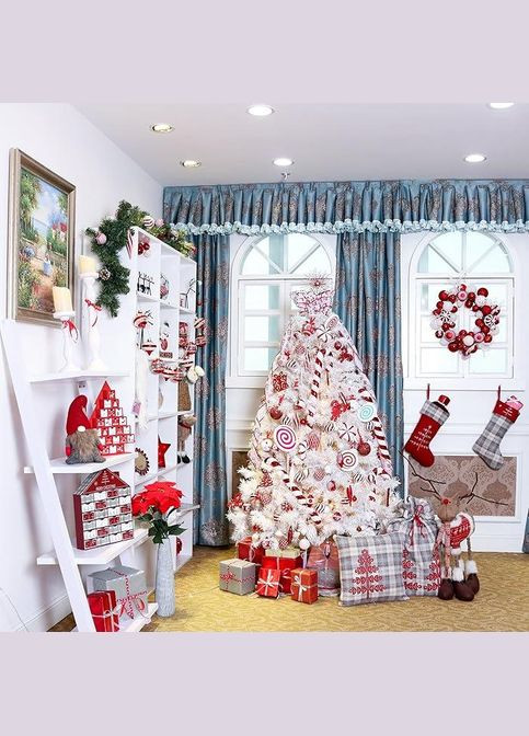 Набір новорічних прикрас Madelyn 24 шт. (9-13 см) червоні та білі зі блискітками (металеві гачки) Valery (304974569)