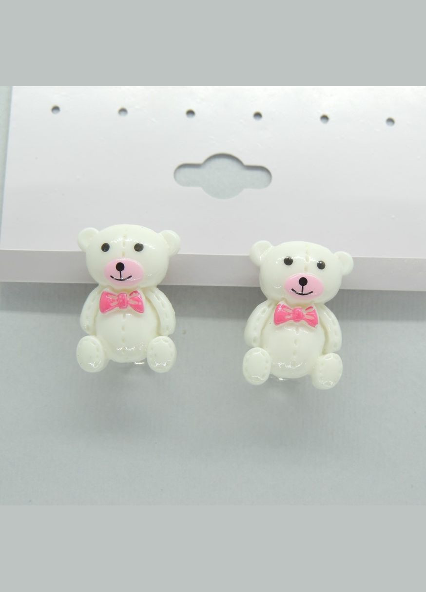 Клипсы серьги детские для ушей без пробивания уха Мишка белый с розовым бантиком Liresmina Jewelry (285110961)