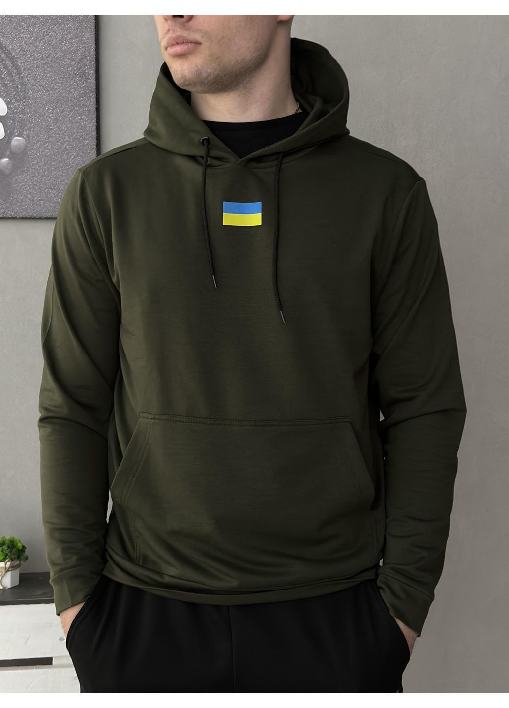 Чоловічий демісезонний худі хакі Прапор України (двонитка) No Brand (369365086)