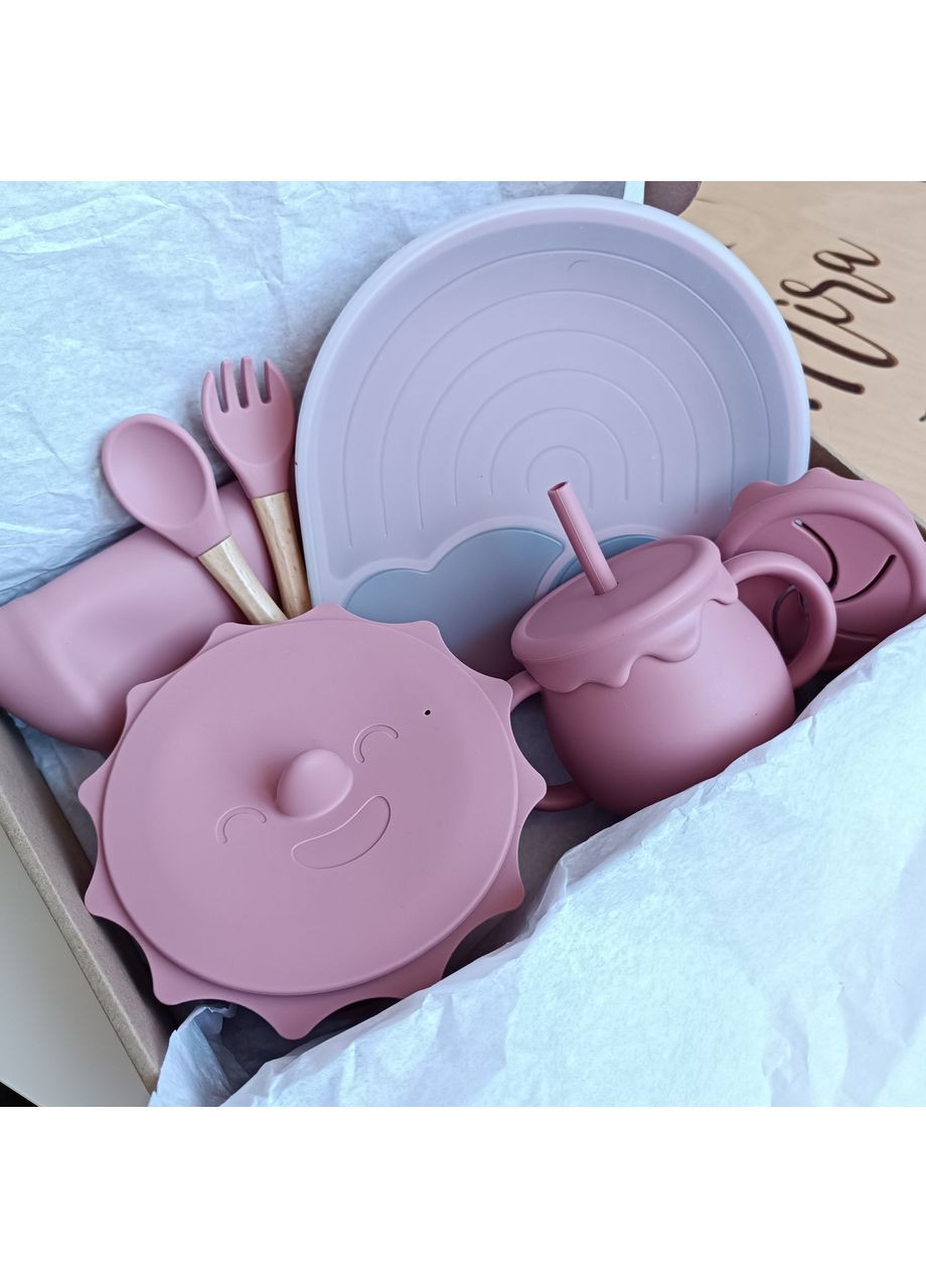 Посуда силиконовая для кормления малыша во время первого прикорма или самостоятельного питания 9од Дарк пинк Девочка (0222) No Brand (368999846)