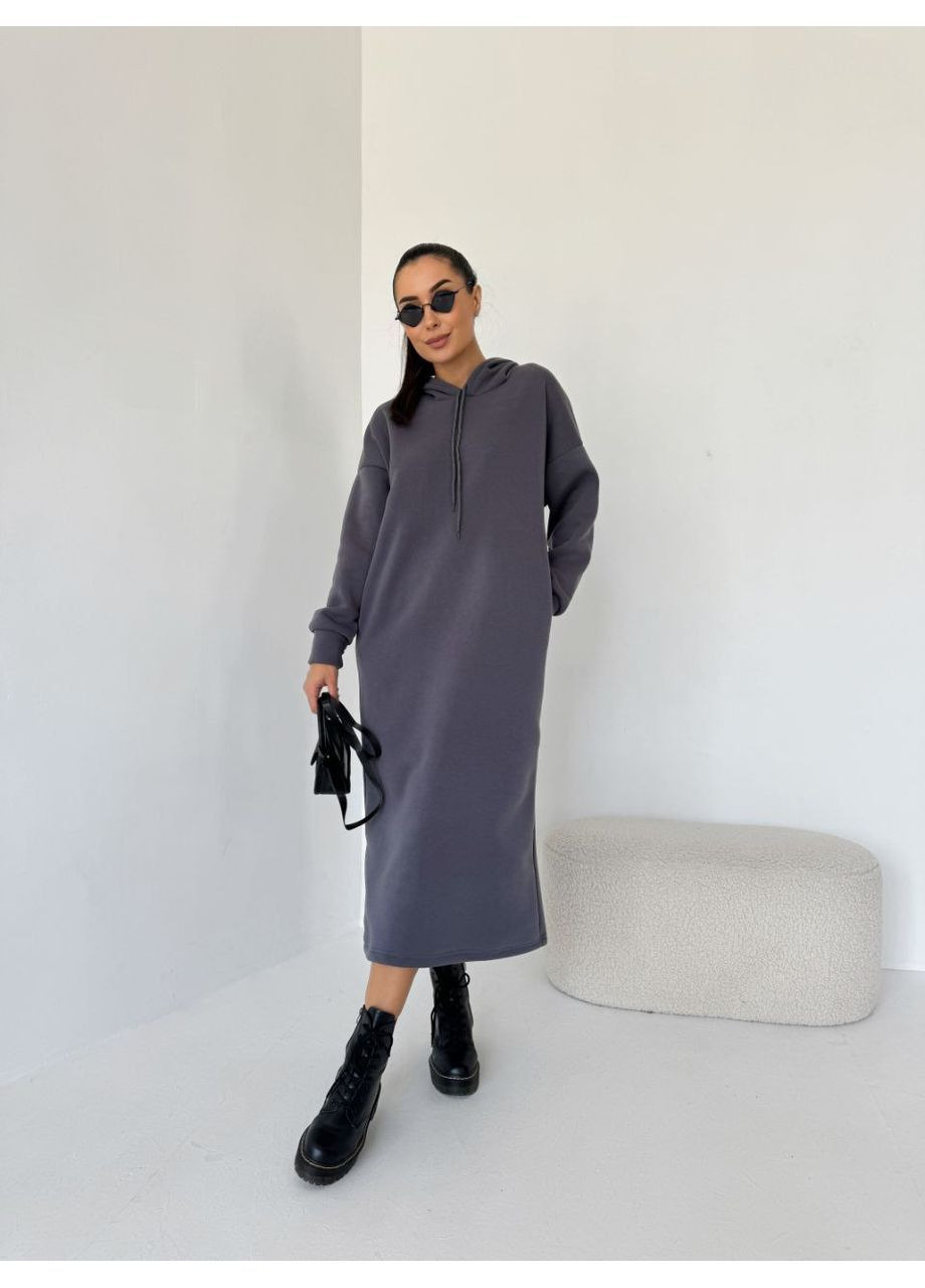 Графітова сукня з капюшоном та кишенями оверсайз тринитка на флісі Україна
