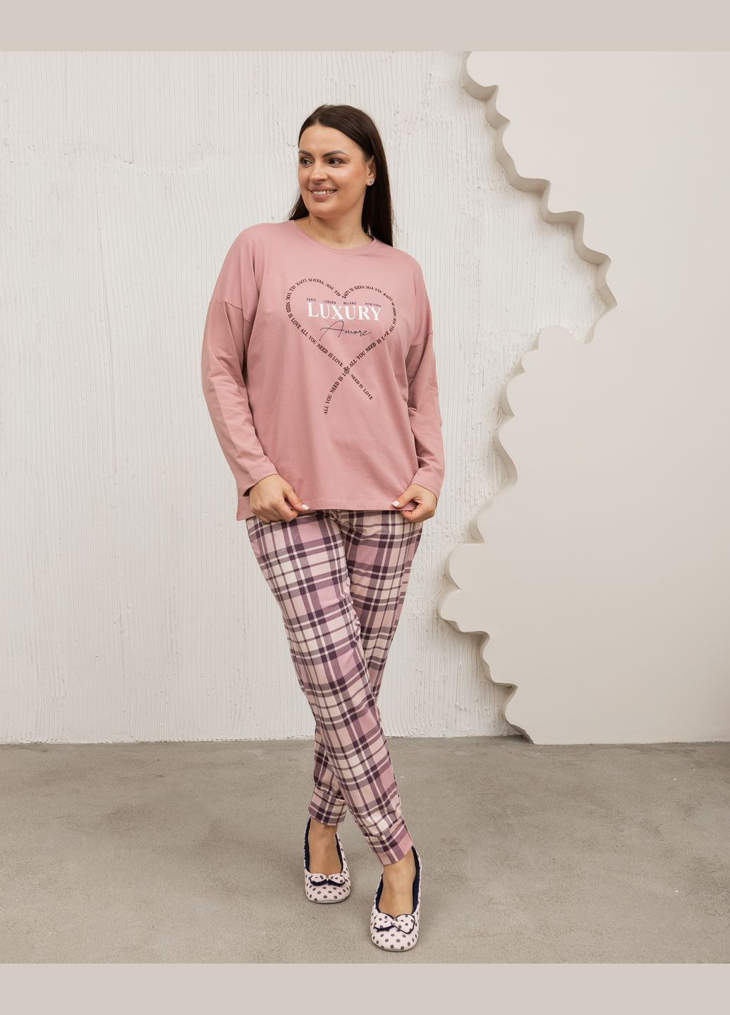 Рожева батальна піжама зі штанами в клітку Nicoletta