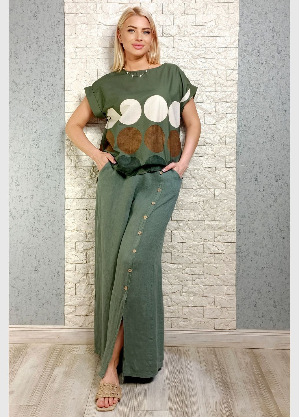 Штани Puro Lino палаццо лляні з розрізами та гудзиками (336164469)