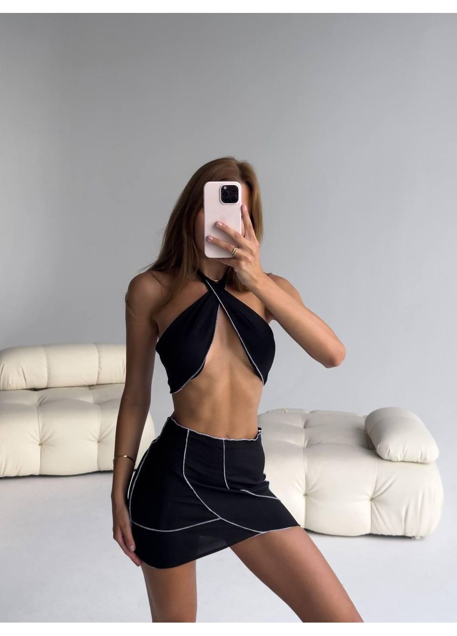 Черный летний женский комплект: купальник топ на перекресток + мини-юбочка с контрастной строчкой / стильный женский комплект черный топ No Brand