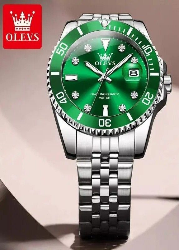 Чоловічий годинник 9809 Green Natural | Стильний класичний годинник із зеленим циферблатом і металевим ремінцем Olevs (354820491)