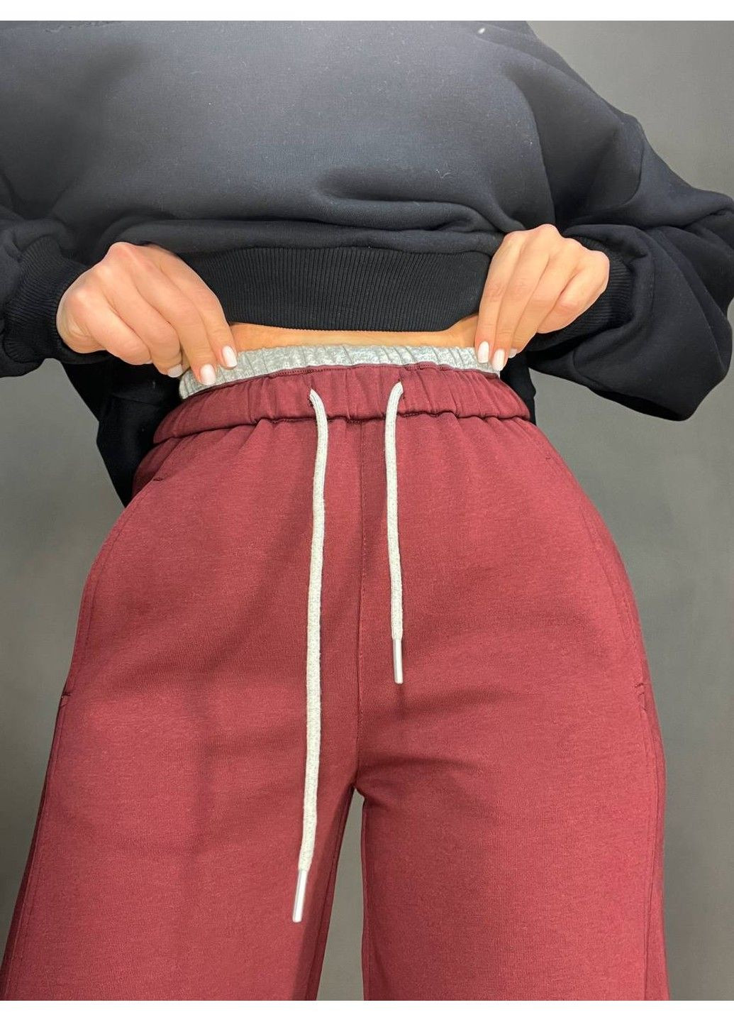 Штани жіночі A-N 25061 спортивні широкі Baggy з кишенями та шнурком трикотажні бордові No Brand (316215670)