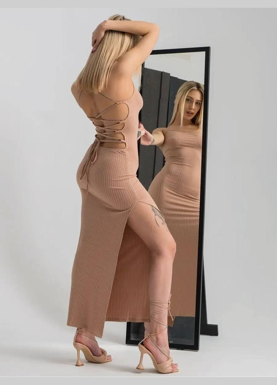 Бежевое повседневный платье женское с открытой спиной Гермес однотонное