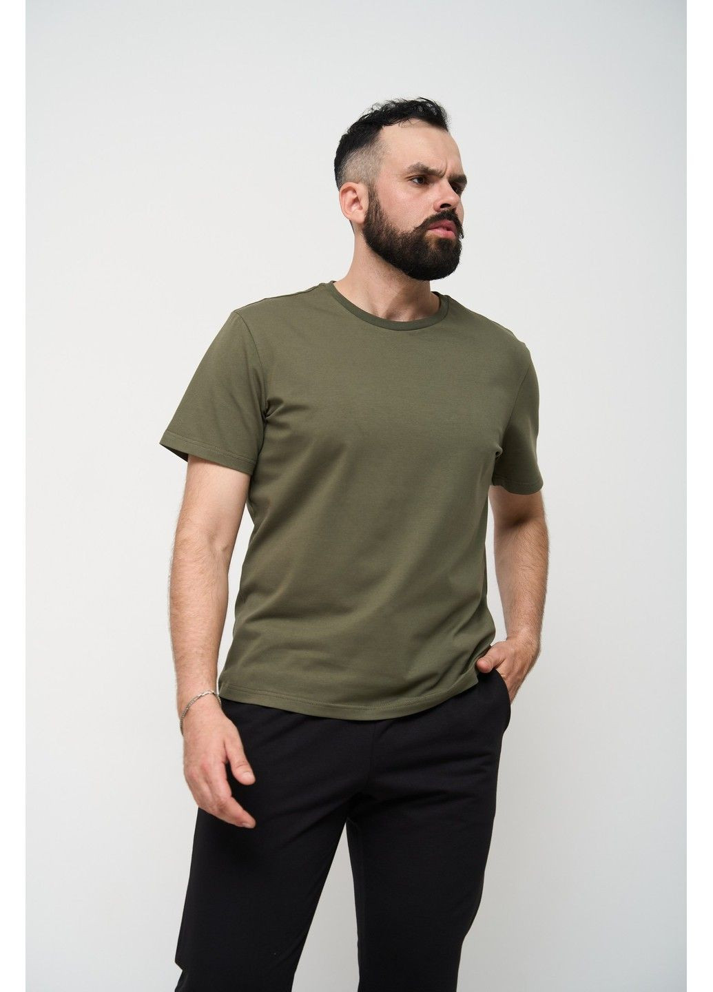 Піжама чоловіча COTTON BASIC футболка хакі + штани прямі чорні Handy Wear (293275177)