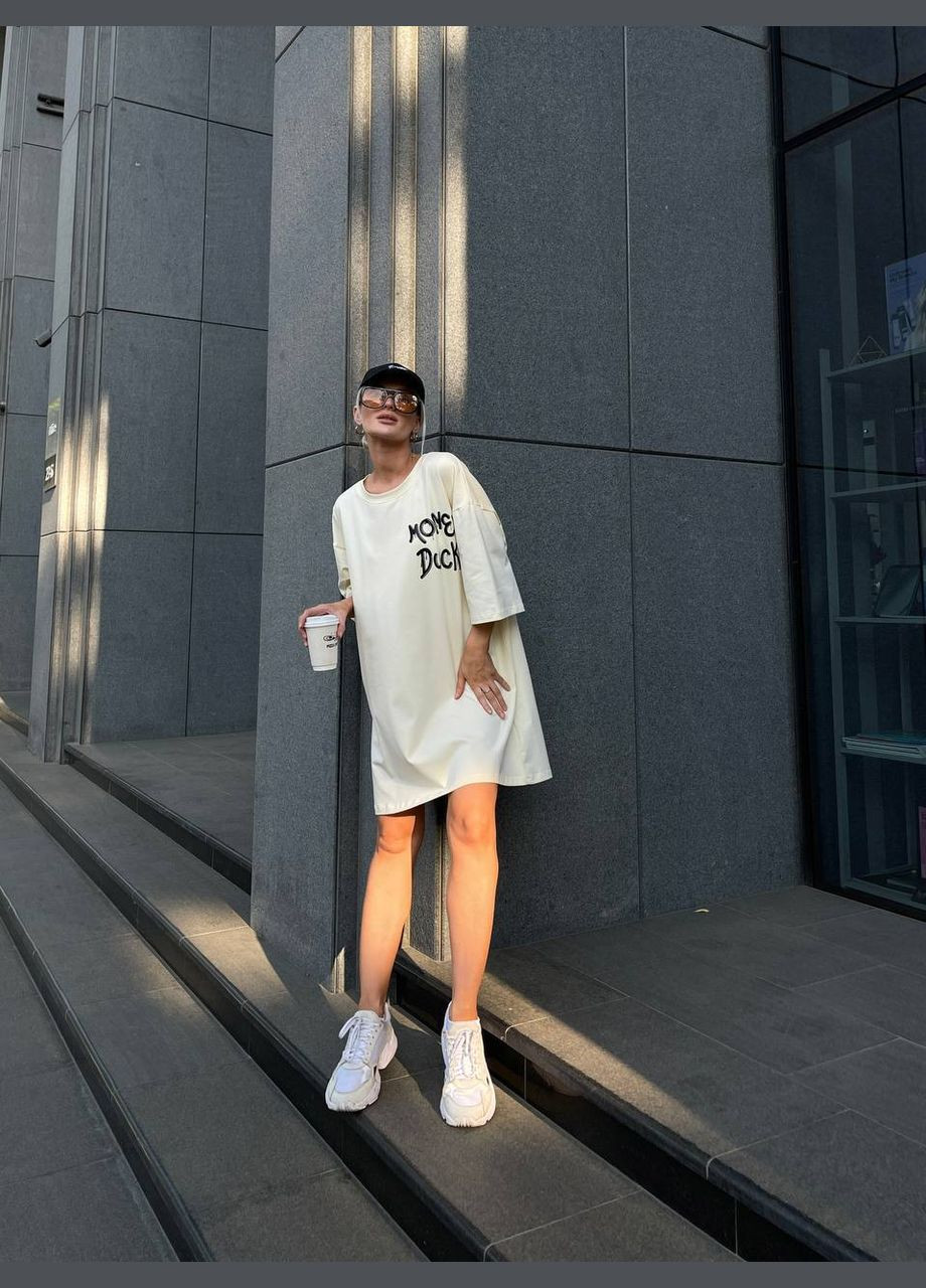 Кремовое спортивное, повседневный, кэжуал, вечернее женское платье-футболка платье-футболка No Brand с рисунком