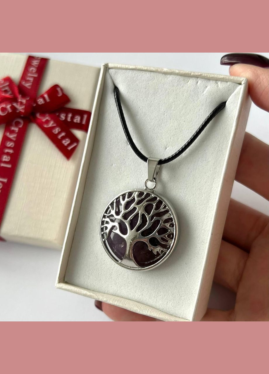 Кулон із натуральним каменем Аметист в оправі "Дерево життя" на шнурку в подарунковій коробочці Овен (331291903)