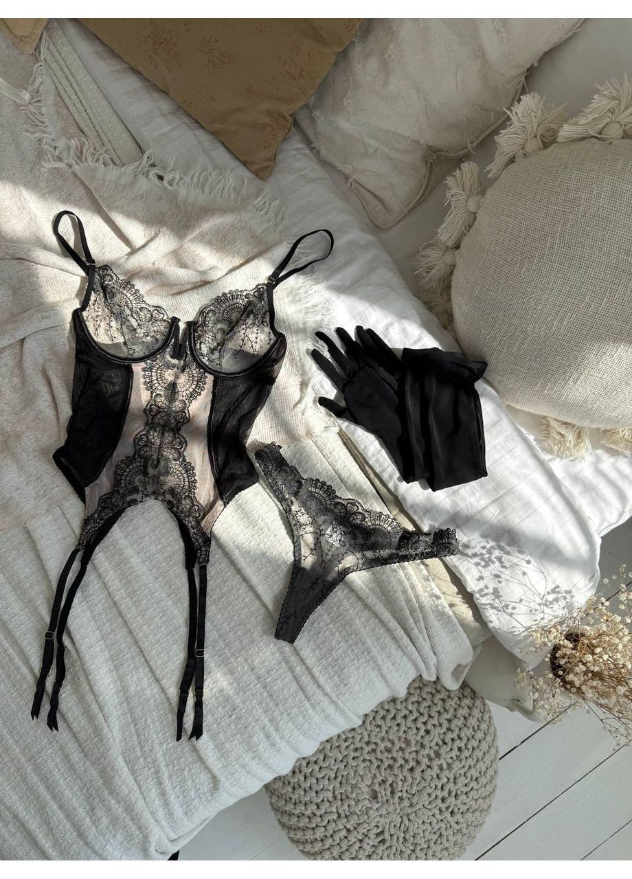 Чорний балконет комплект жіночої білизни | ніжний мереживний, чорне спокушання Vital-Textile з кісточками поліестер, еластан
