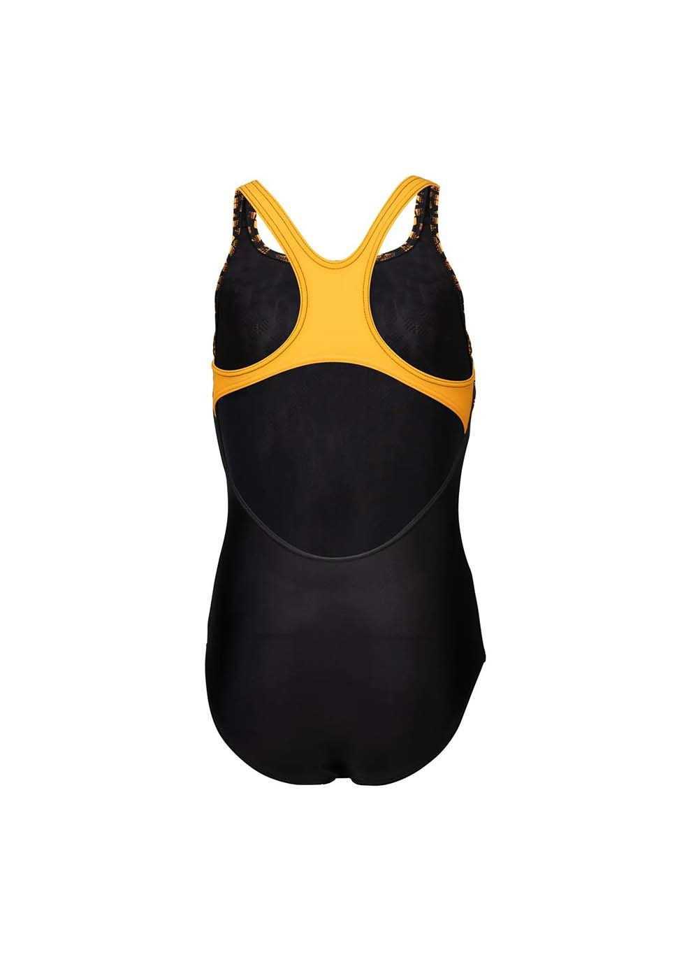 Комбинированный демисезонный купальник закрытый для девочек kikko v swimsuit swim pro back черный, жёлтый Arena